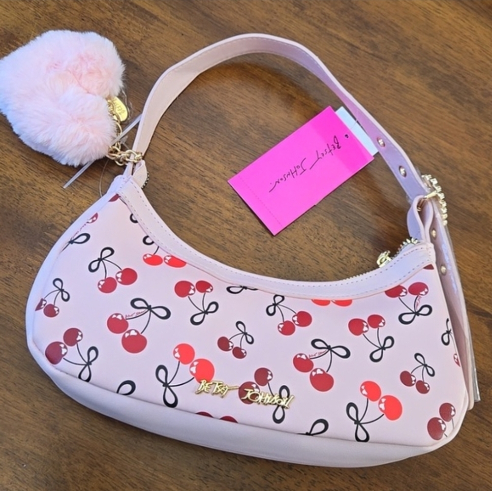 Betsey Johnson PINK Cherry Bow Hobo Bag & Plush Bag Charm Hearts Locket NEW NWT - Picture 7 of 7